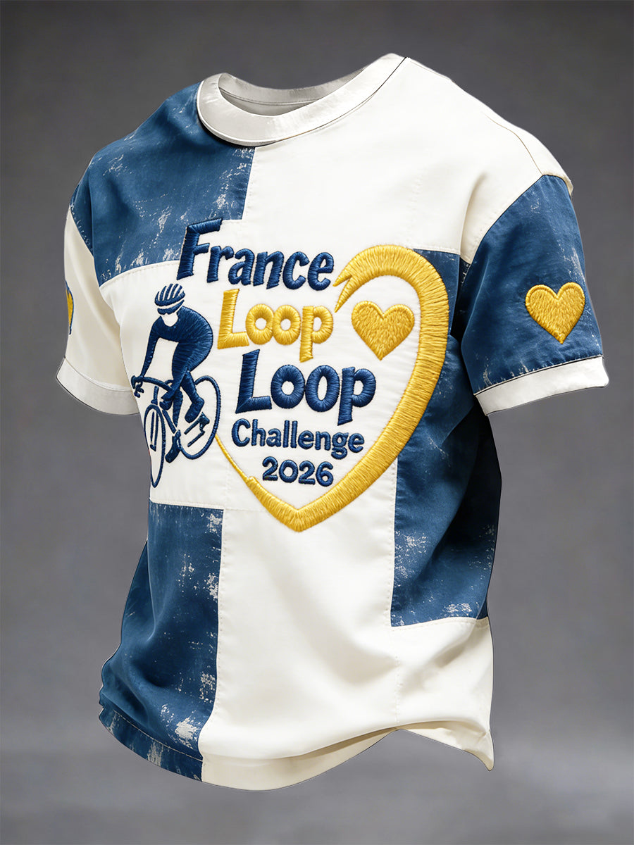 T-shirt décontracté vintage pour hommes, motif patchwork inspiré du Tour de France, style français