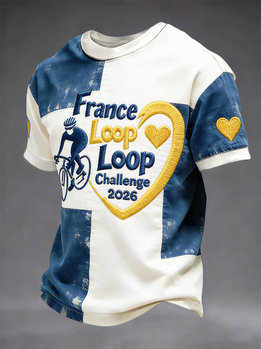 T-shirt décontracté vintage pour hommes, motif patchwork inspiré du Tour de France, style français
