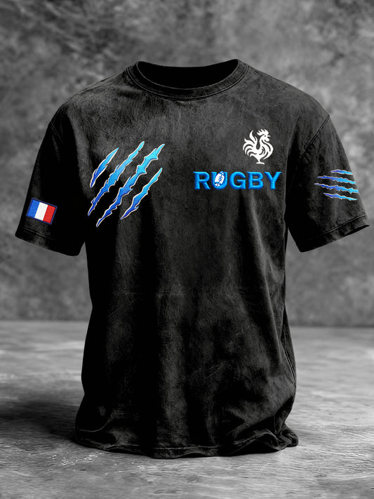 T-shirt décontracté à imprimé créatif de rugby français noir pour homme