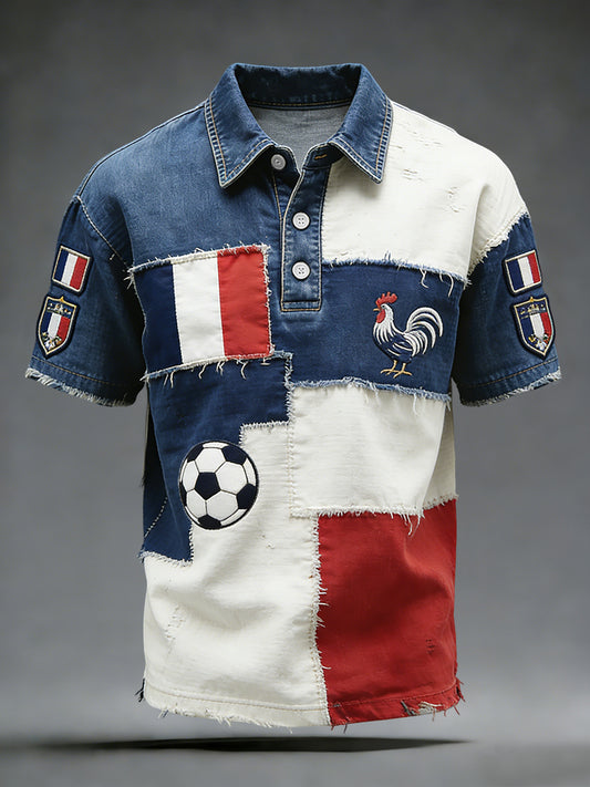 Polo décontracté rétro drapeau français Football Patch
