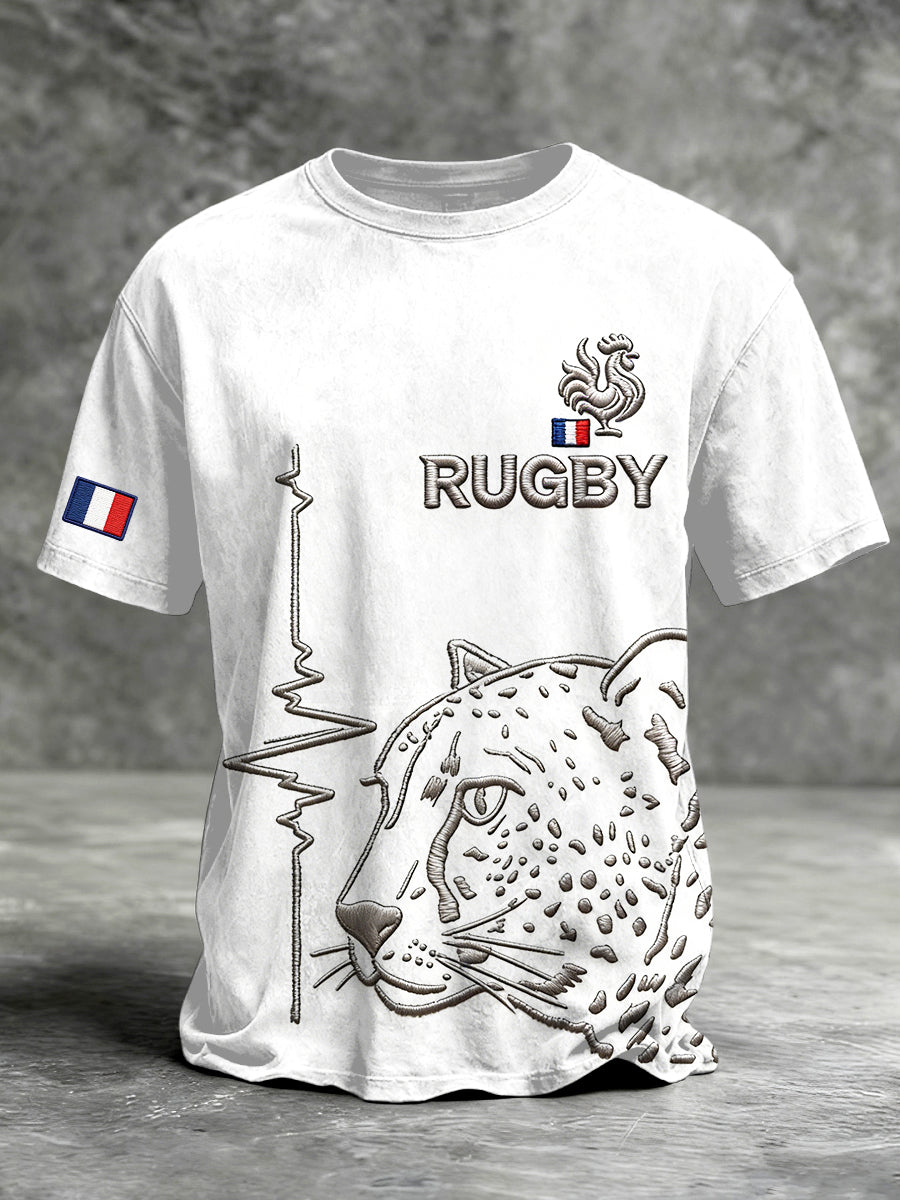 T-shirt décontracté à imprimé brodé de rugby français blanc pour homme