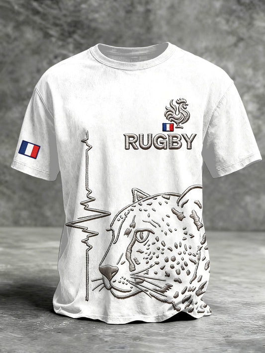 T-shirt décontracté à imprimé brodé de rugby français blanc pour homme