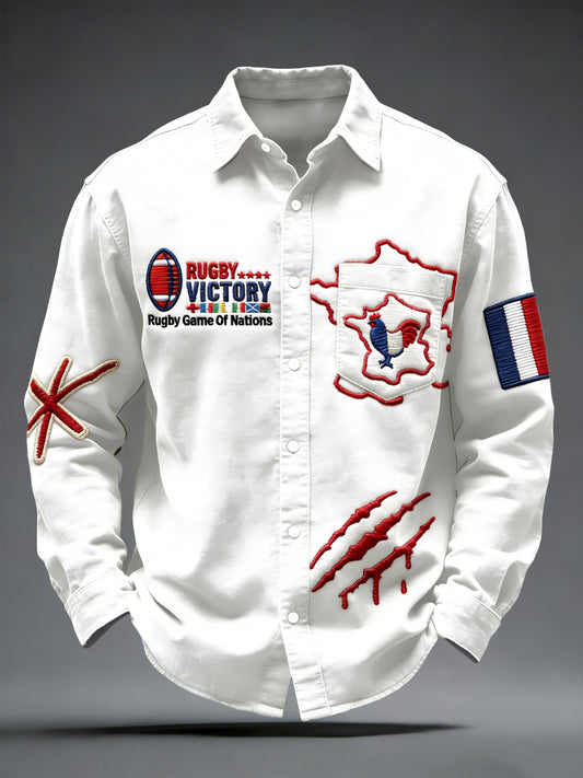Chemise décontractée pour homme en denim, inspirée du rugby français, avec imprimé patchwork