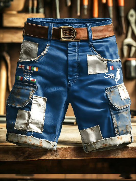 Short de travail bleu imprimé patchwork de rugby français Six Nations pour homme