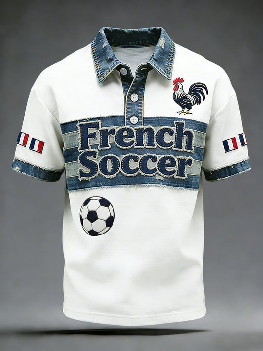 Polo décontracté rétro à rayures de football français patchwork