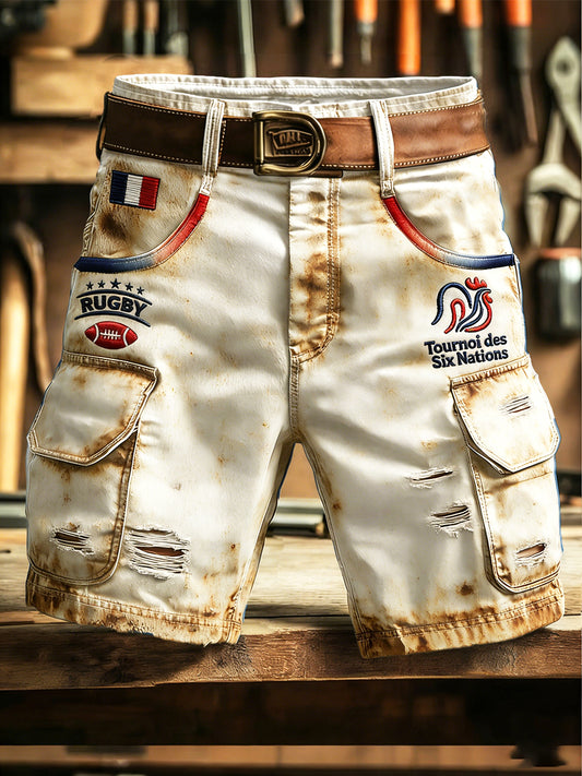 Short de travail imprimé vieilli de style vintage des Six Nations de rugby français pour homme