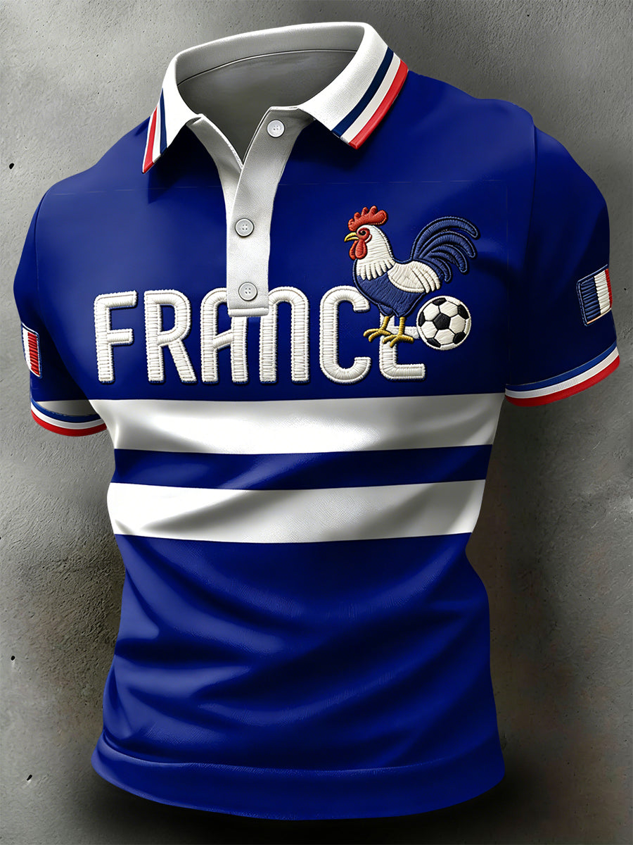Polo décontracté à rayures coq de football français rétro