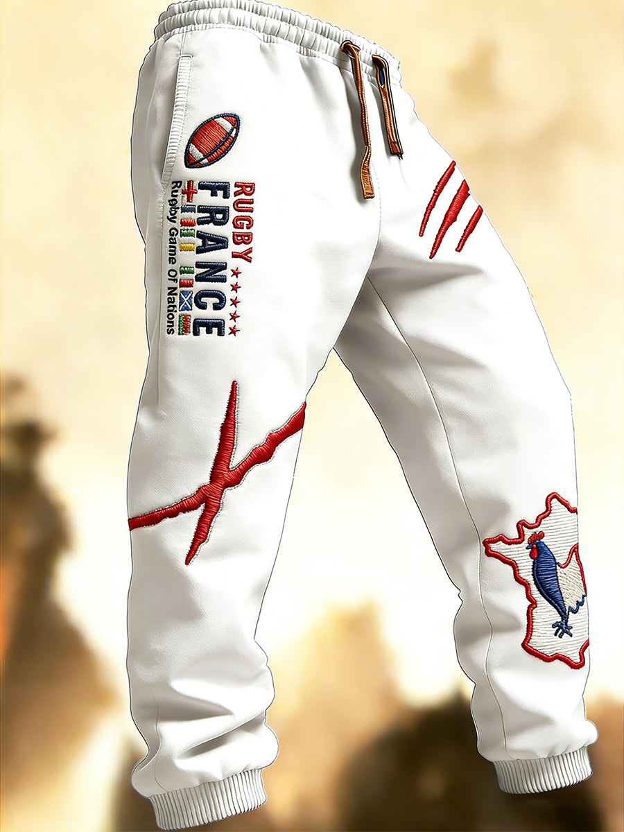 Pantalon de Sport Homme French Rugby Six Nations Blanc Brodé