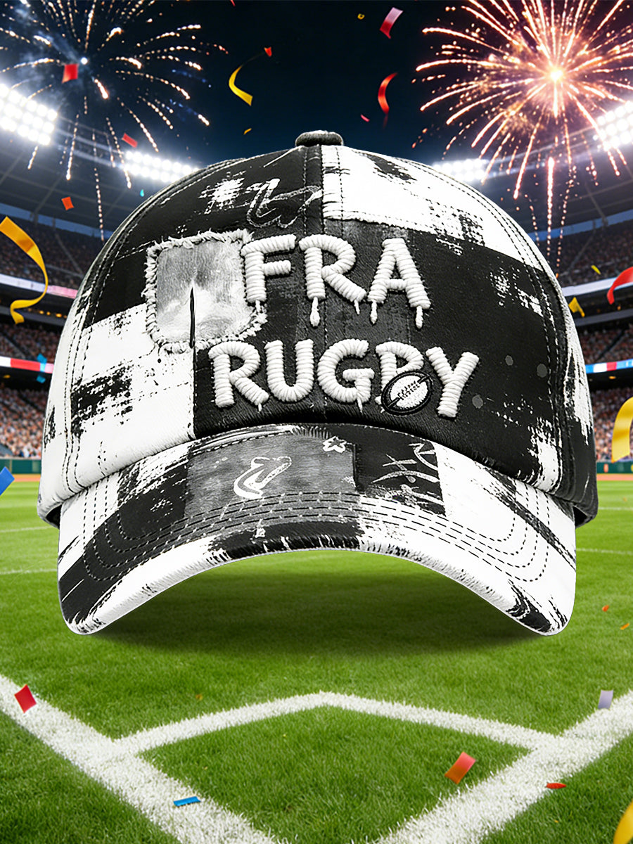 Casquette Décontractée Patchwork Imprimé Rugby Français Noire et Blanche