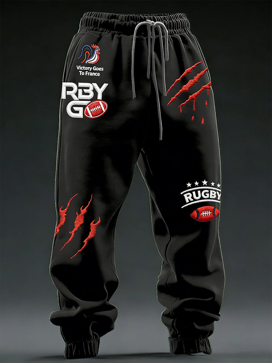 Pantalon de survêtement décontracté noir pour homme, imprimé rugby français, pantalon de sport