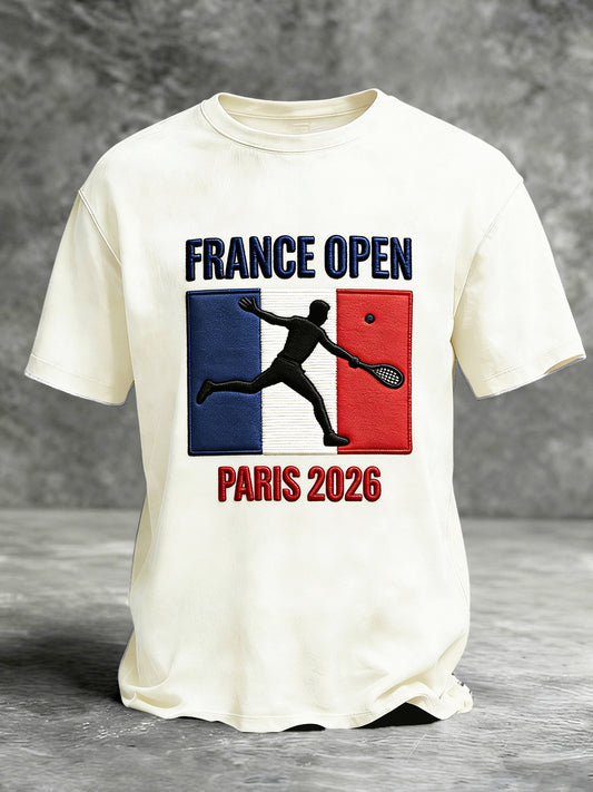 T-shirt décontracté blanc cassé à imprimé tennis drapeau français pour homme