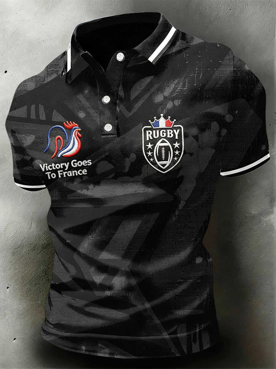Maillot polo décontracté pour homme, noir, motif du Tournoi des Six Nations de rugby, style français