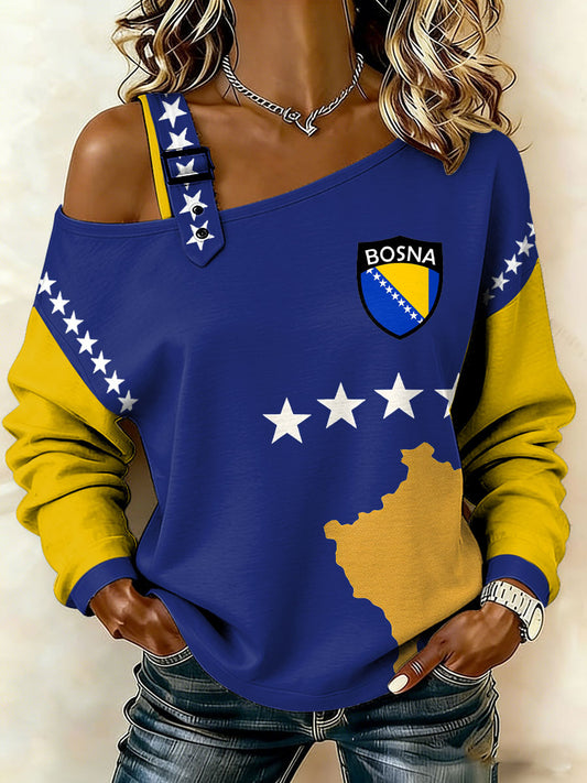 Sweat-shirt décontracté à épaules dénudées pour femmes, motif imprimé «Bosnia Football Lover ZMAJEVI»