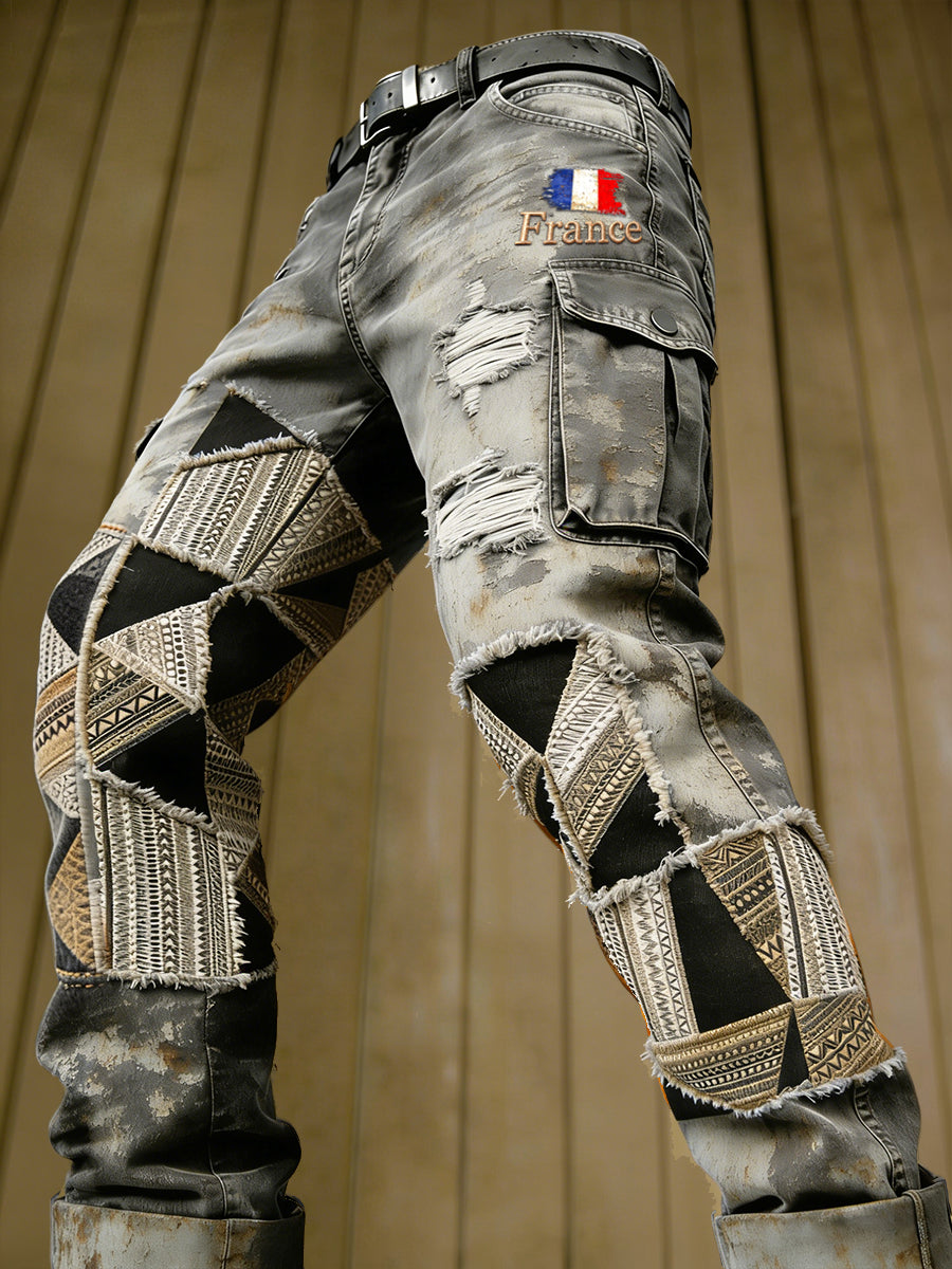 Pantalon de travail décontracté pour homme, motif patchwork vintage au drapeau français, effet usé