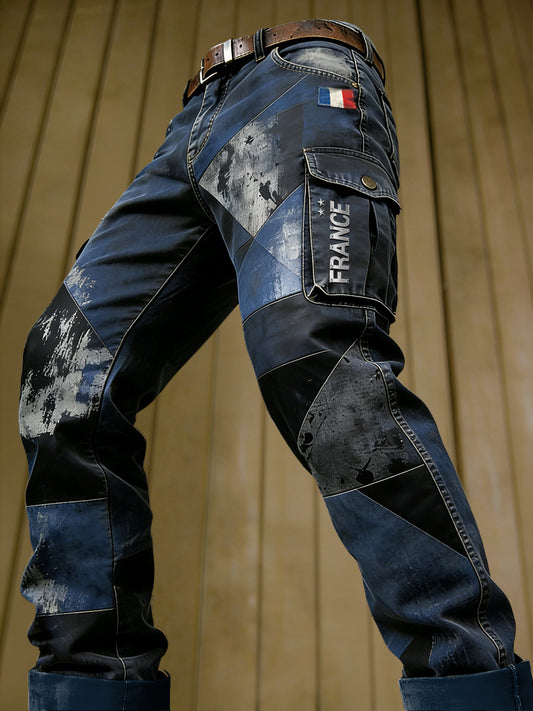 Pantalon de travail décontracté pour homme, bleu foncé, style français vintage, patchwork imprimé