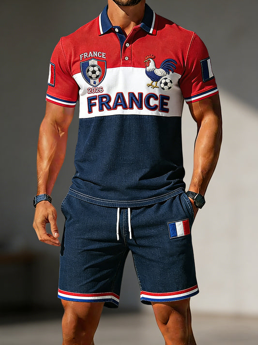 Rétro Français 2026 Football Patchwork Casual Polo Shorts Ensemble