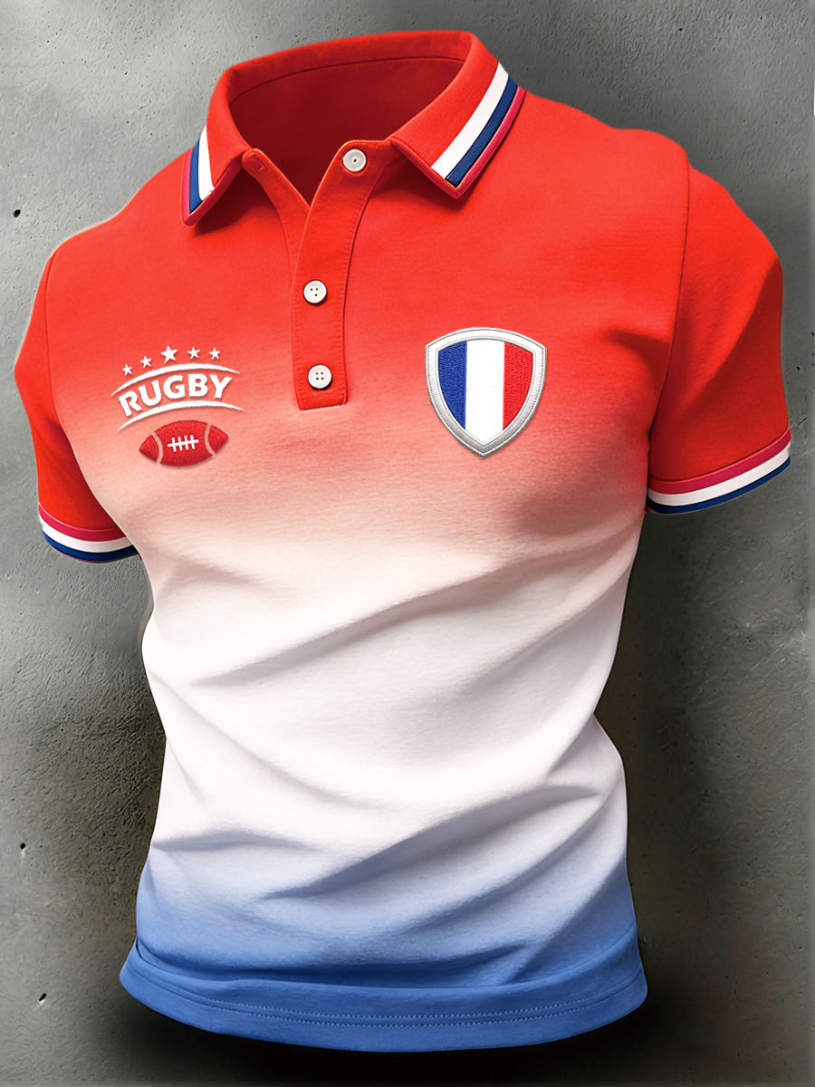 Polo décontracté pour homme à imprimé rugby et drapeau français