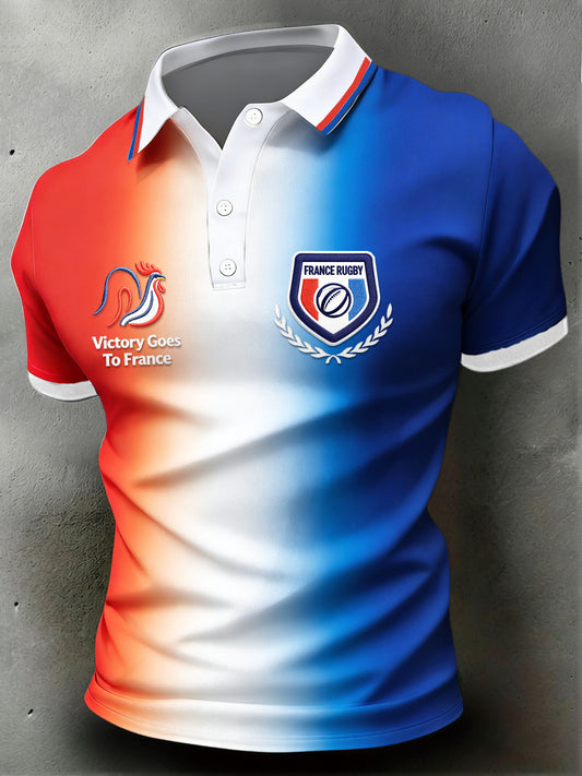 Polo décontracté vintage pour homme avec imprimé drapeau français et motif rugby