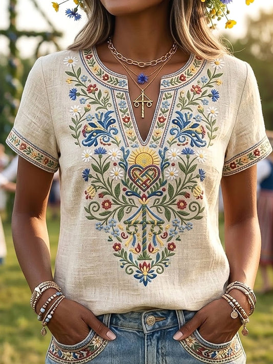 T-shirt rétro suédois pour femmes, motif floral de la Saint-Jean, col en V