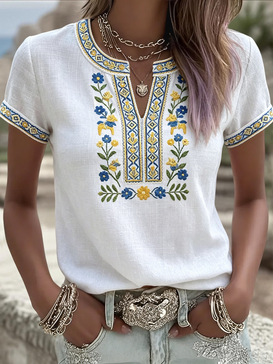 T-shirt rétro suédois pour femmes, motif floral de la Saint-Jean, col en V