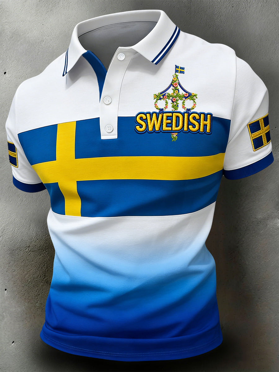 Polo décontracté rétro suédois de la Saint-Jean à motifs géométriques en patchwork