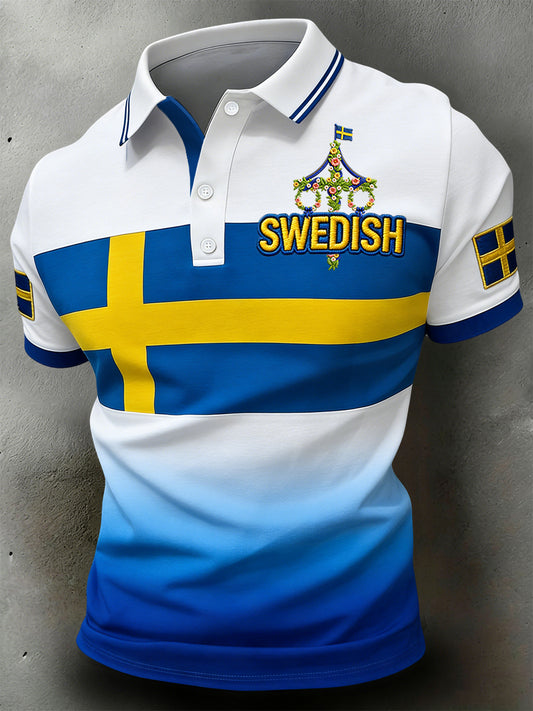 Polo décontracté rétro suédois de la Saint-Jean à motifs géométriques en patchwork