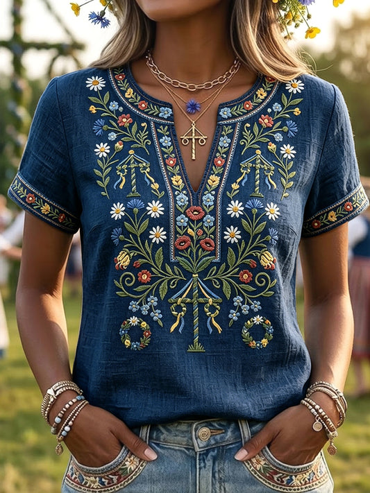 T-shirt vintage suédois pour femmes, motif couronne de la Saint-Jean, col en V, style artistique