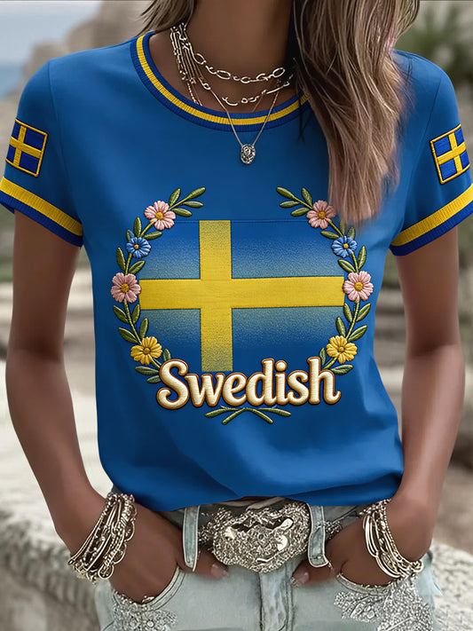 T-shirt décontracté rétro suédois pour femmes, motif floral de la Saint-Jean
