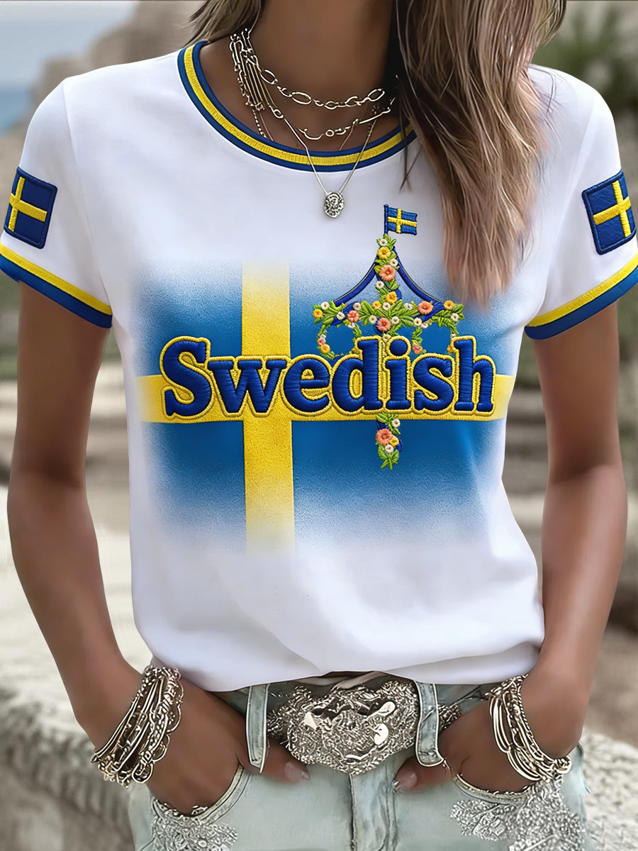 T-shirt décontracté rétro suédois pour femmes, motif floral de la Saint-Jean, patchwork