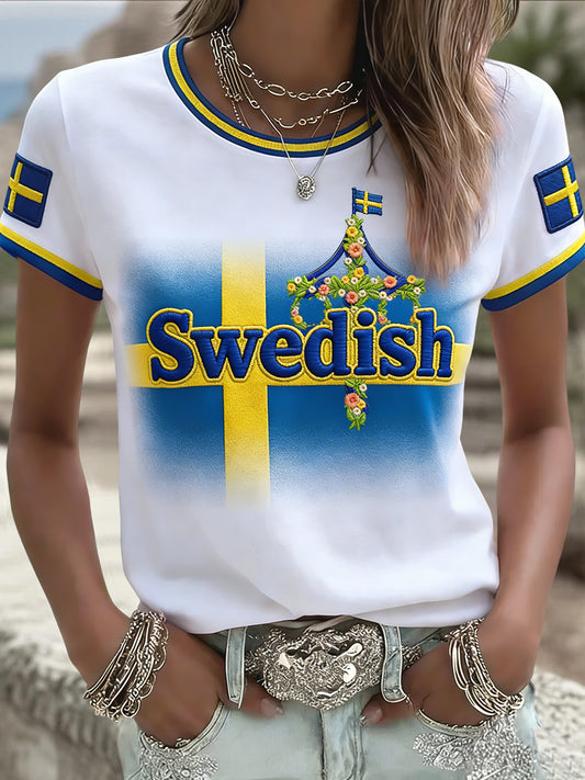 T-shirt décontracté rétro suédois pour femmes, motif floral de la Saint-Jean, patchwork