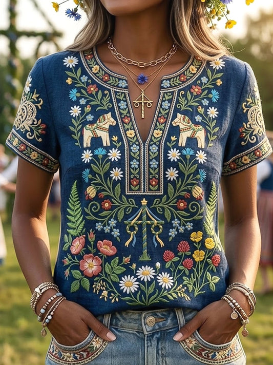 T-shirt décontracté à col en V pour femme, style rétro suédois, motif floral de la Saint-Jean, artisanat féminin