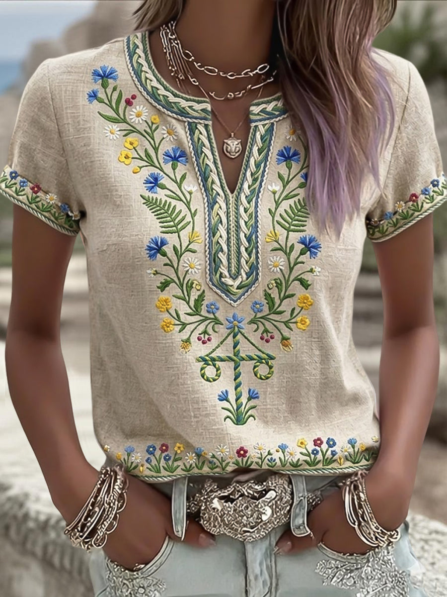 T-shirt rétro suédois pour la Saint-Jean pour femmes, artistique, décontracté, à col en V