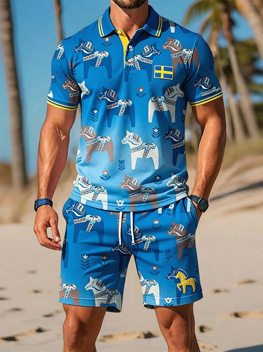 Ensemble décontracté pour homme: polo et shorts rétro suédois motif carrousel de la Saint-Jean