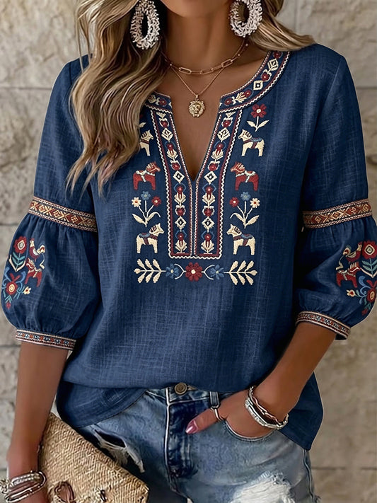 Top pour femme style vintage suédois, motif floral de la Saint-Jean, col en V
