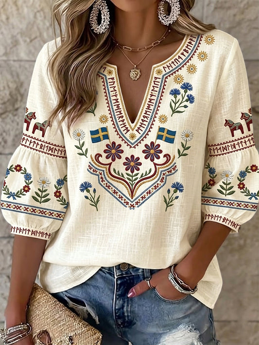 Chemisier vintage suédois à col en V et motifs floraux symétriques pour femme
