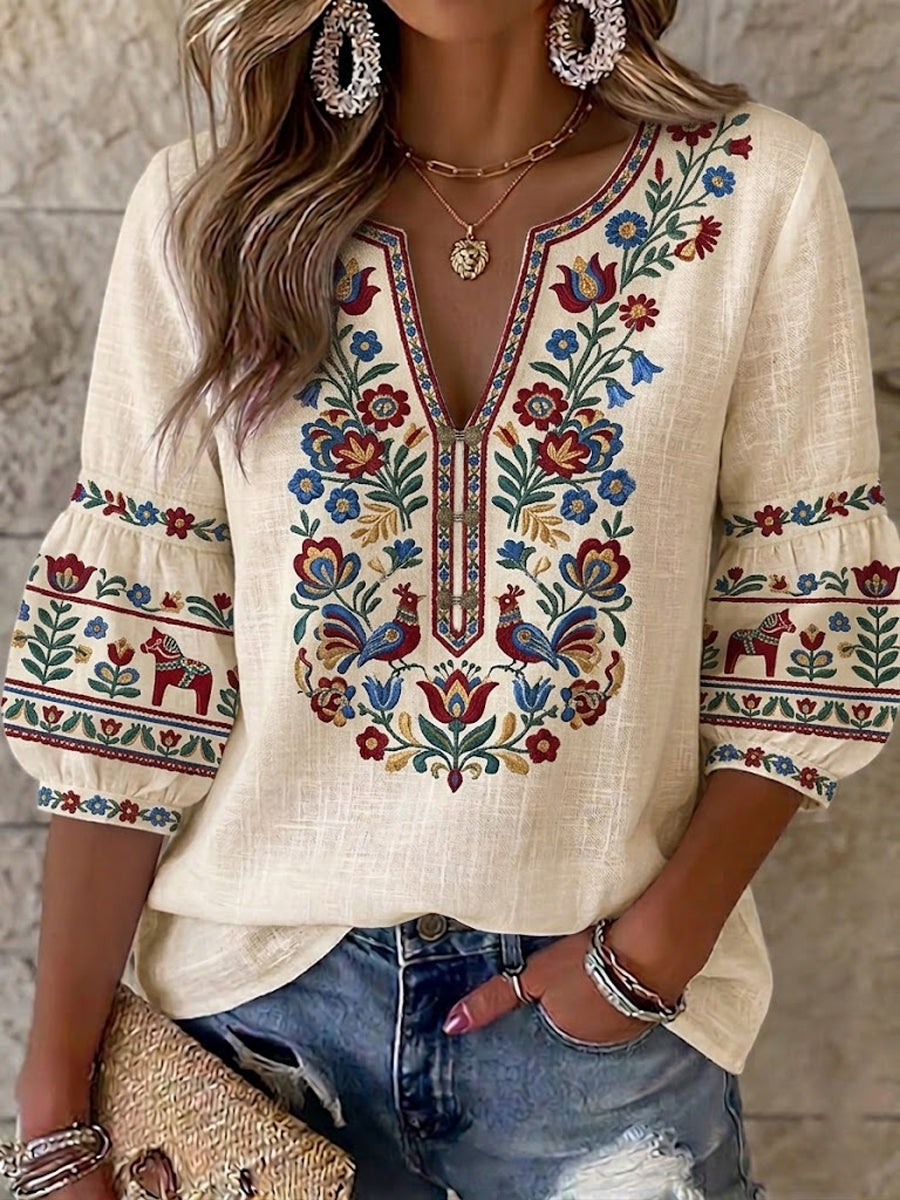 Chemise rétro suédoise de la Saint-Jean pour femmes, en coton-lin, à motifs floraux