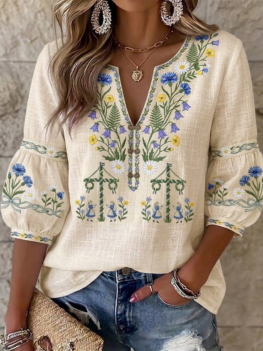 Chemise vintage suédoise pour femmes en coton-lin, à imprimé floral, pour la Saint-Jean