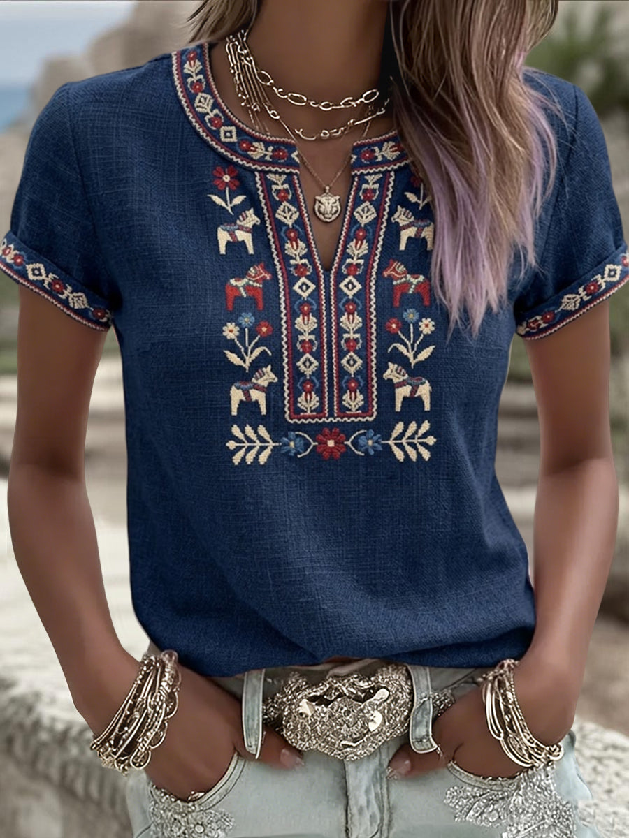 T-shirt décontracté rétro suédois pour femmes, motif floral de la Saint-Jean, patchwork
