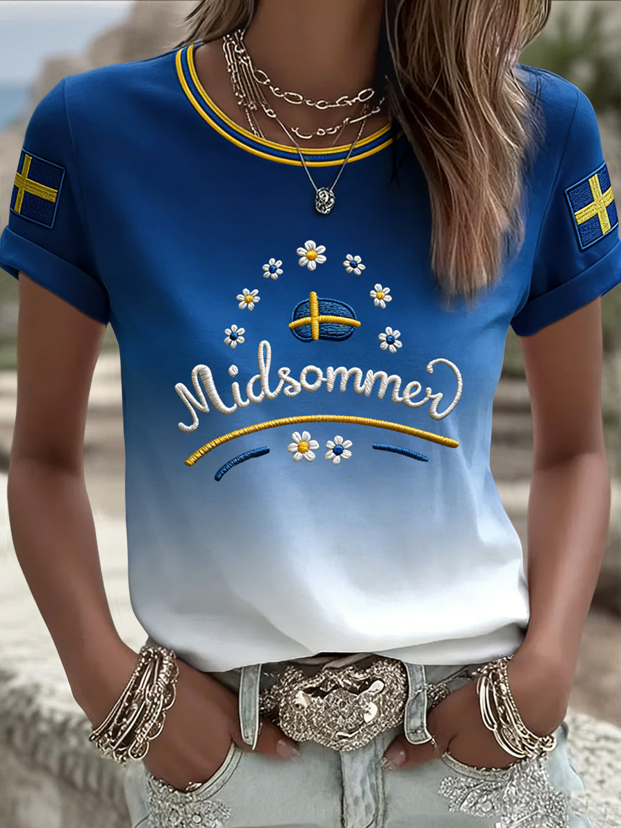 T-shirt décontracté rétro suédois pour femmes, motif floral de la Saint-Jean