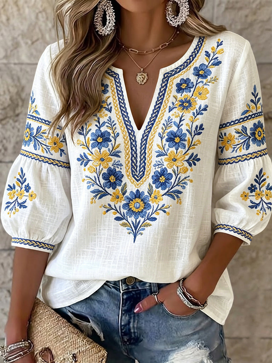 Top vintage suédois pour femmes, motif floral de la Saint-Jean, col en V