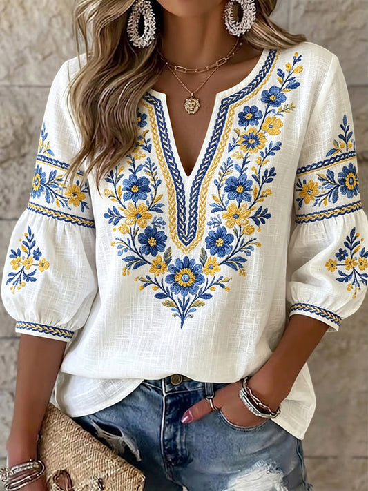 Top vintage suédois pour femmes, motif floral de la Saint-Jean, col en V