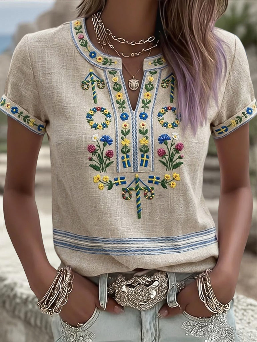 T-shirt rétro artistique suédois pour femmes, motif floral de la Saint-Jean, col en V