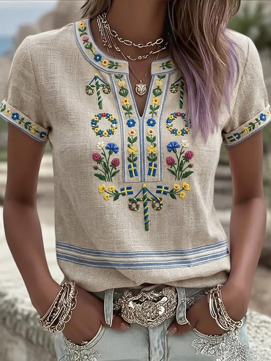 T-shirt rétro artistique suédois pour femmes, motif floral de la Saint-Jean, col en V