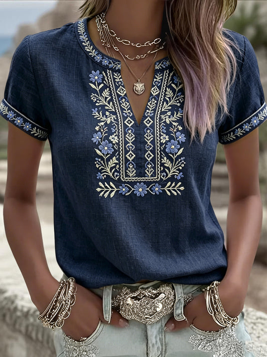 T-shirt rétro suédois pour femmes, motif floral ethnique de la Saint-Jean, col en V
