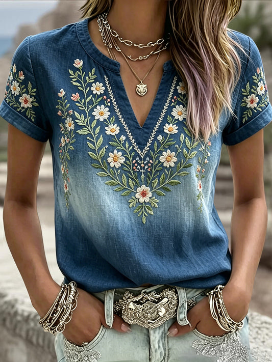 Retro Swedish Midsummer Floral Gradient Art des femmes V-Neck T-Shirt