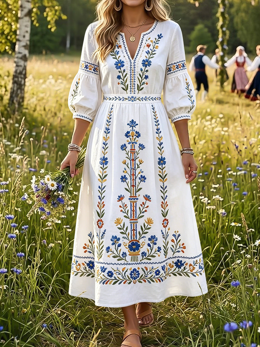 Rétro Swedish Midsummer Floral Art V-Neck Robe Femme