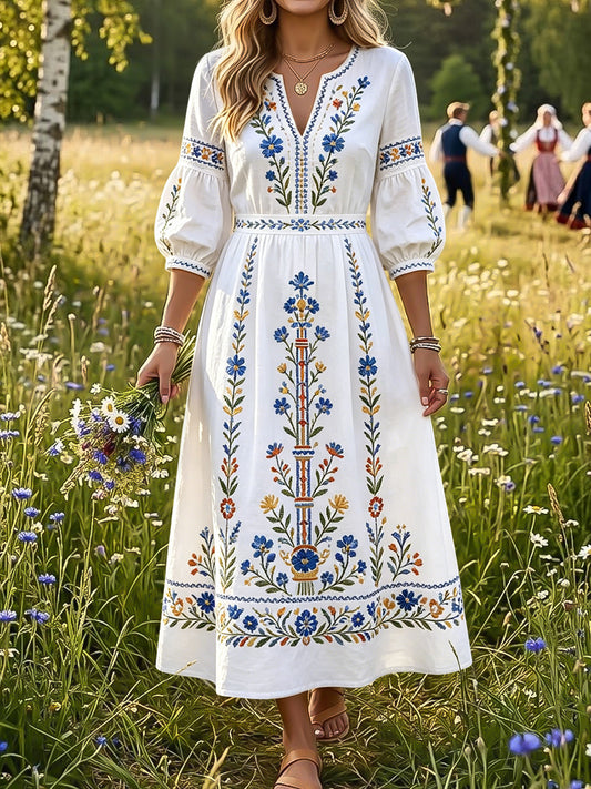 Rétro Swedish Midsummer Floral Art V-Neck Robe Femme
