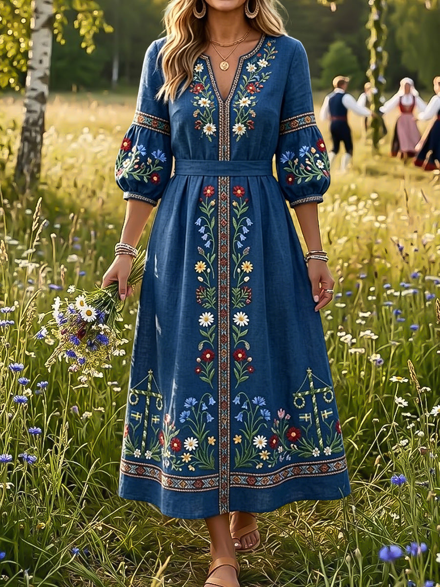 Rétro Swedish Midsummer Pole Floral Art V-Neck Robe des femmes