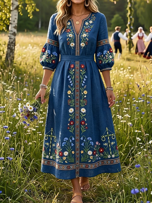 Rétro Swedish Midsummer Pole Floral Art V-Neck Robe des femmes