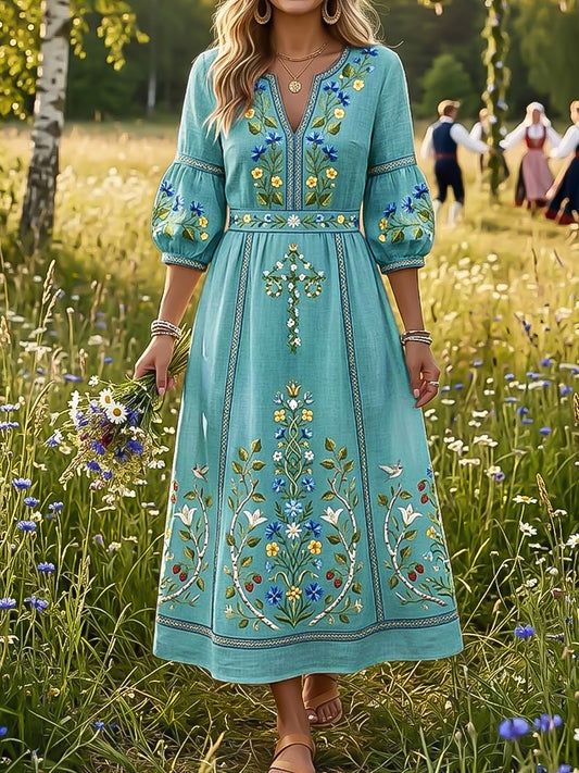 Vintage Swedish Midsummer Flower Crown Art V-Neck Dress des femmes
